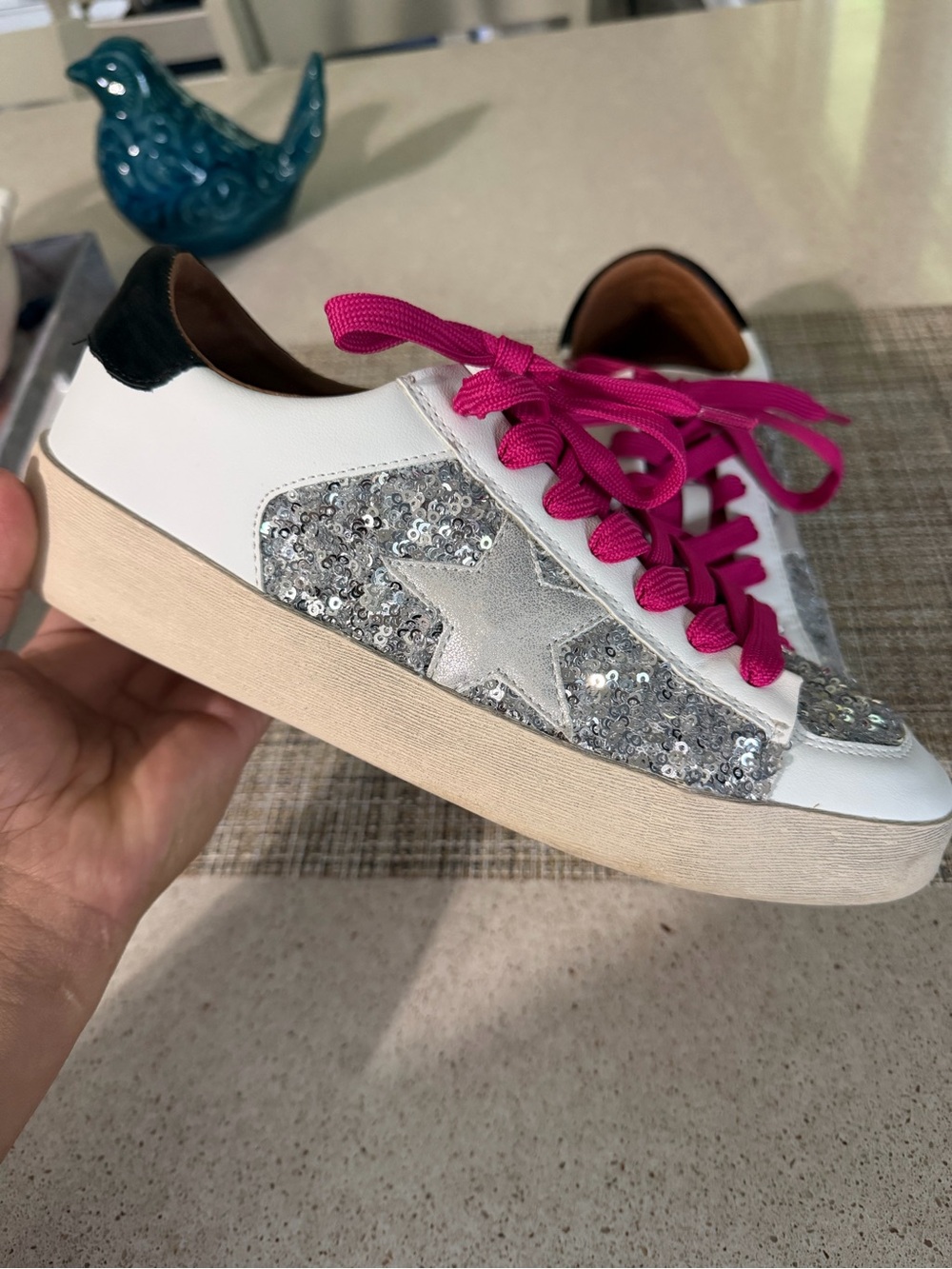 White Sequin Star Sneakers with Pink Laces